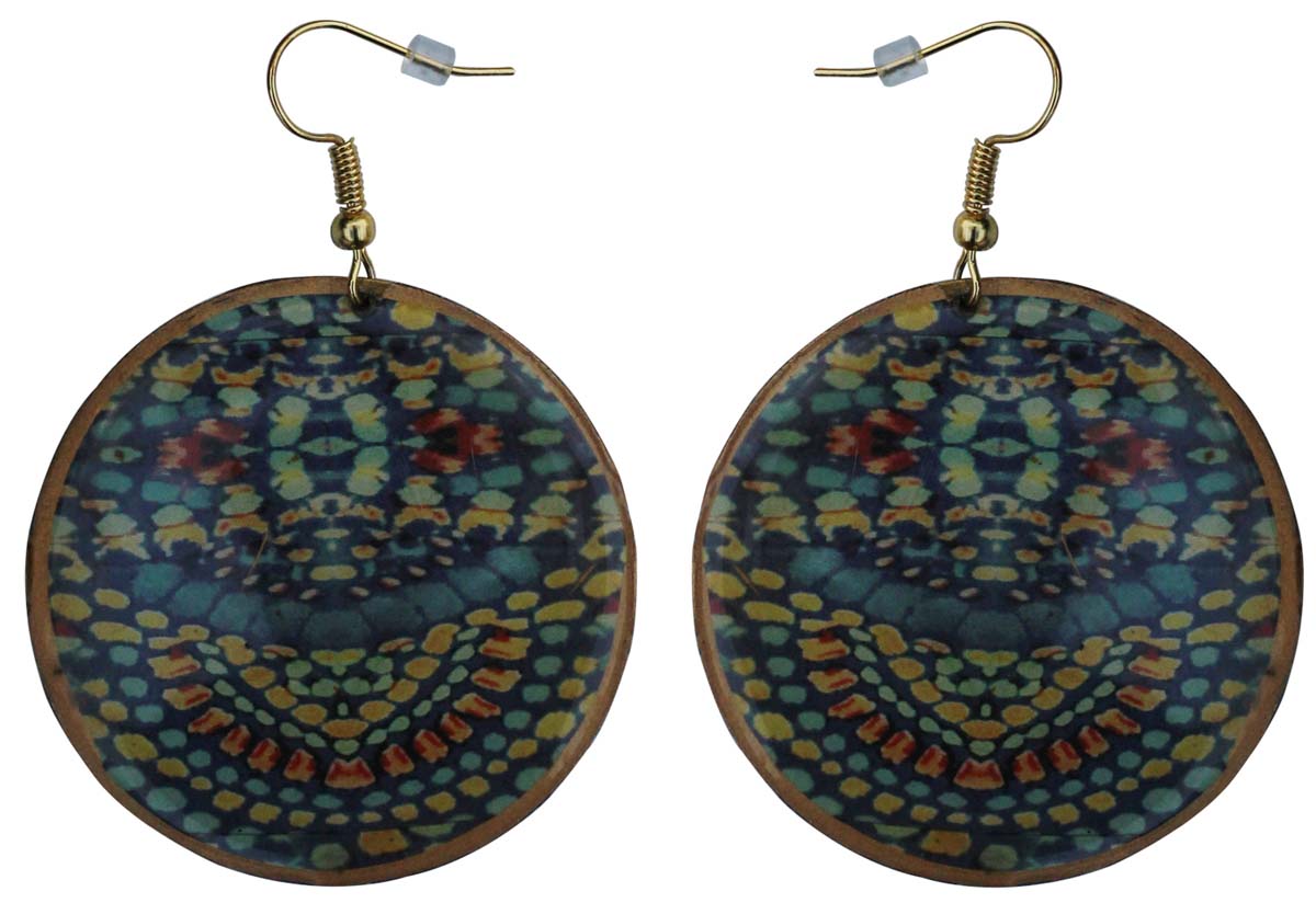 2.5” Pair of Round Hook Earrings in Brass - Blue Abstract Pattern - Drop Earrings / Women Fashion Jewelry - Buy in Bulk Wholesale